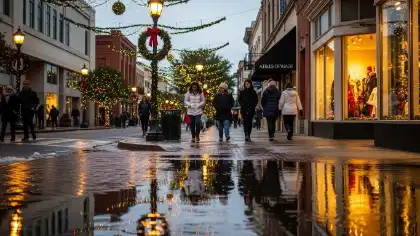 Winter slip and fall accident risk on wet shopping walkway