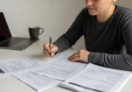 Woman handling paperwork and filling out forms after being involved in a pedestrian accident