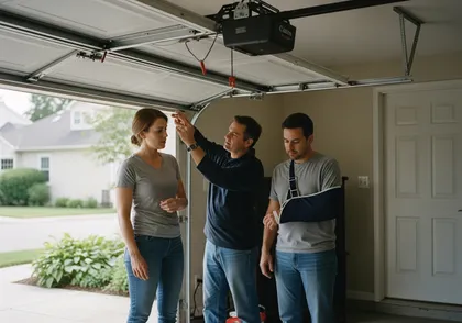 A man inspecting a defective garage door after a guest was injured during the inspection