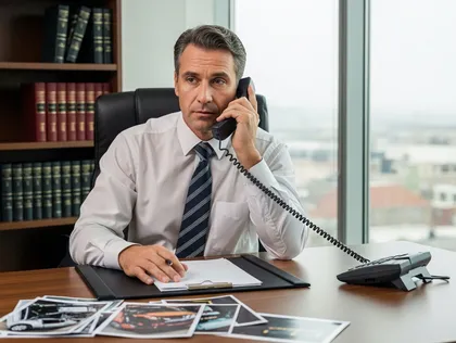 Abogado de lesiones personales al teléfono revisando las pruebas del accidente para orientar la reclamación y las disputas con el seguro