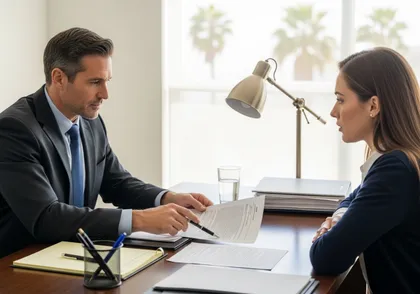 Attorney explaining car accident settlement paperwork to accident victim
