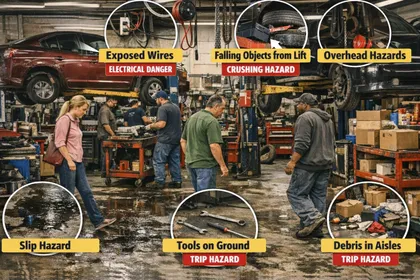 Auto repair shop showing safety risks from falling objects, slip hazards, and cluttered aisles
