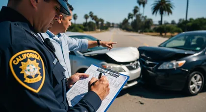 California Highway Patrol officer completing an official car accident report at crash scene