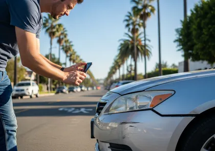 Car accident documentation with driver taking photos of vehicle damage