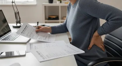 Car accident victim completing police report while experiencing back pain