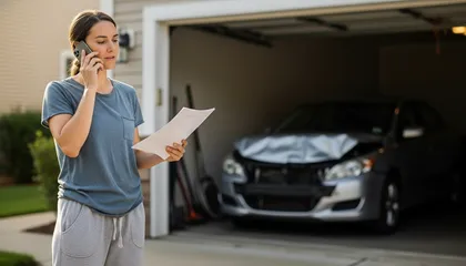 Car accident victim contacting insurance while holding accident report