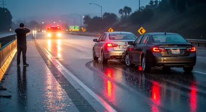 Colisión por alcance en autopista bajo la lluvia que ilustra los riesgos comunes de colisión y los factores de responsabilidad