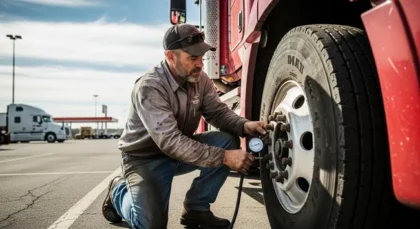Commercial truck tire pressure check reflecting higher safety standards and wet-weather crash liability