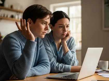 Concerned couple reviewing a slip-and-fall personal injury claim on a laptop