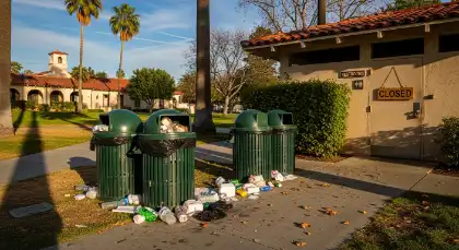Cubos de basura desbordados cerca del baño del parque cerrado durante el cierre de los servicios limitados para visitantes