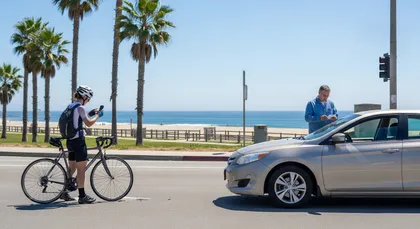Cyclist and driver exchanging insurance information after an accident