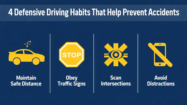 Defensive driving habits infographic to prevent California car accident injuries