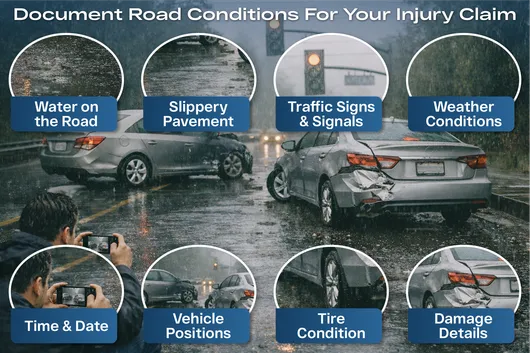 Documentación fotográfica del estado de la carretera en el lugar del accidente para una demanda por daños personales