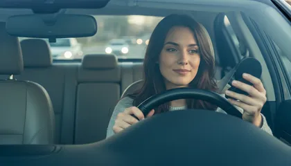Driver applying makeup in the car while holding the steering wheel