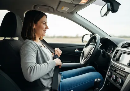 Driver fastening seat belt to reduce injury risk in a crash