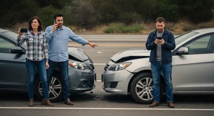 Drivers involved in a car accident exchanging information and documenting damage