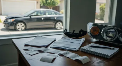 Evidence of car accident including repair invoices and damaged vehicle