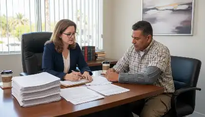 Hombre herido en reunión con un abogado especializado en accidentes laborales