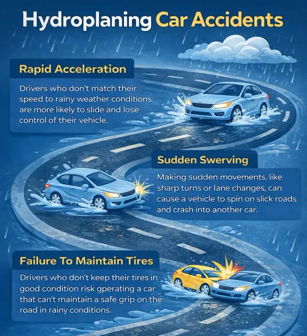 Hydroplaning crash liability factors infographic for a personal injury claim