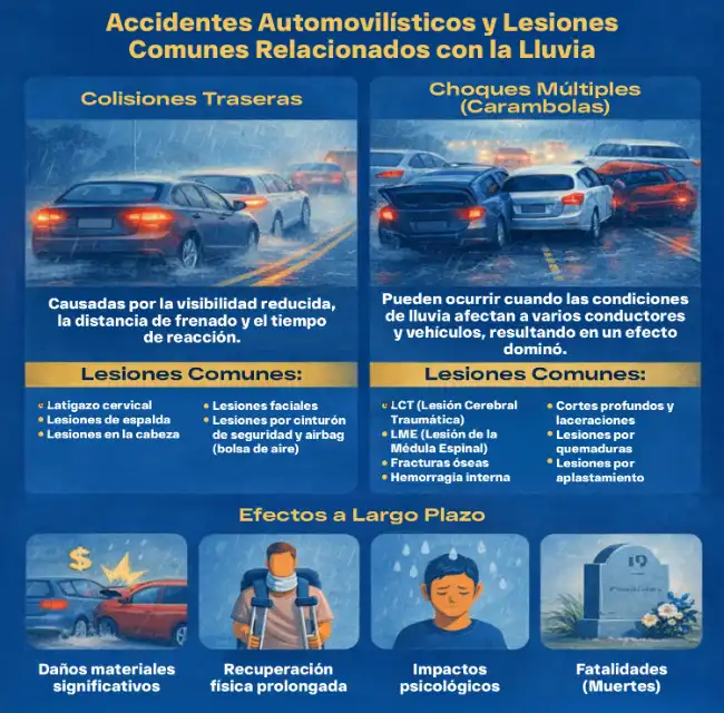 Infografía de los accidentes de tráfico y lesiones más comunes relacionados con la lluvia