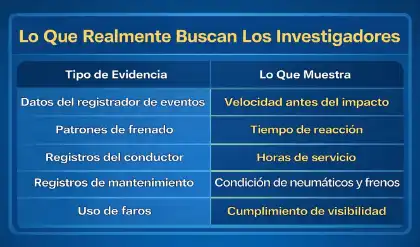 Infografía que muestra los tipos de pruebas utilizadas en las investigaciones de accidentes de camión relacionados con tormentas