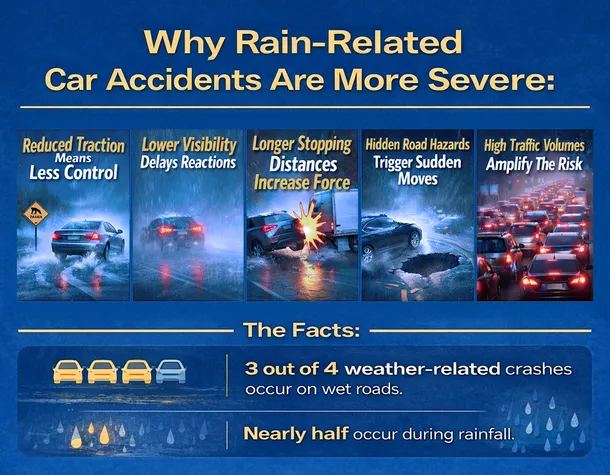 Infografía sobre la gravedad de los accidentes en carretera con lluvia que destaca la reducción de la tracción, la baja visibilidad y las mayores distancias de frenado