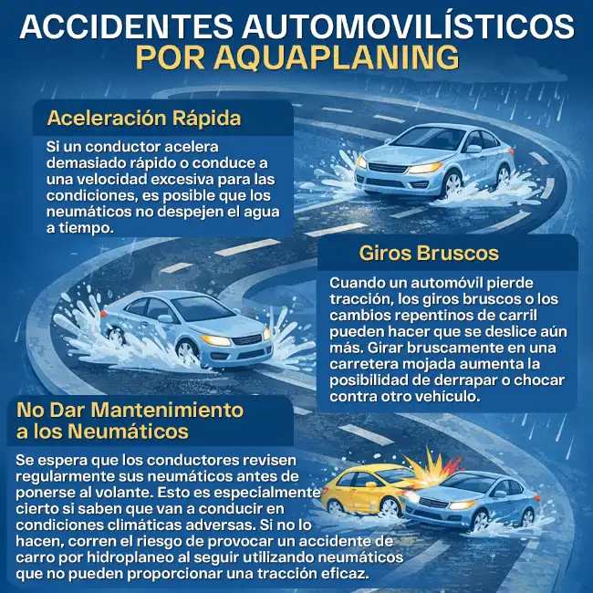 Infografía sobre los factores de responsabilidad en caso de accidente por hidroplaneo para una demanda por daños personales