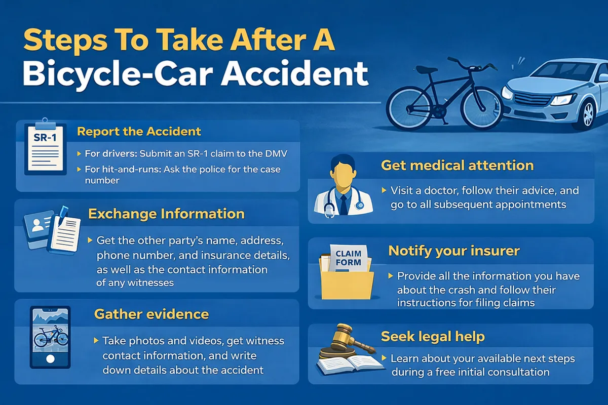 Infographic showing steps to take after a bicycle-car accident