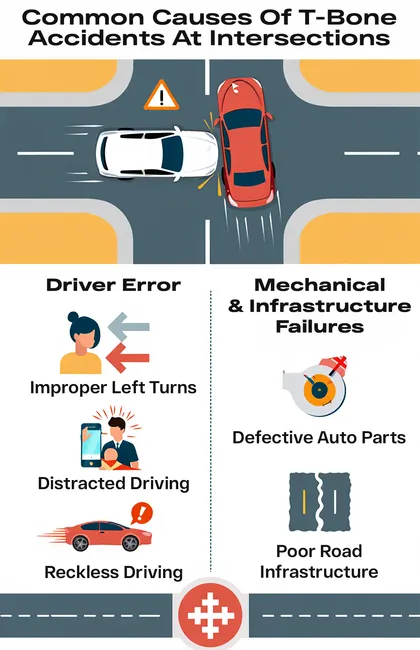 Infographic showing the common causes of T-bone accidents at intersections