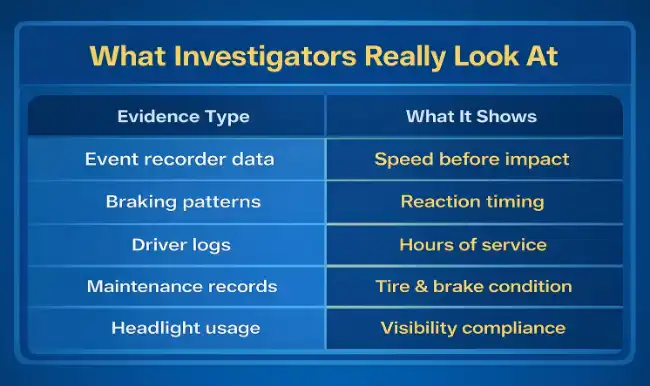 Infographic showing types of evidence used in storm-related truck accident investigations