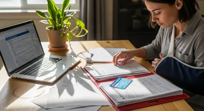 Injured accident claimant organizing medical bills and insurance documents for personal injury claim