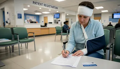Injured accident patient completing insurance and medical benefit forms at hospital registration desk