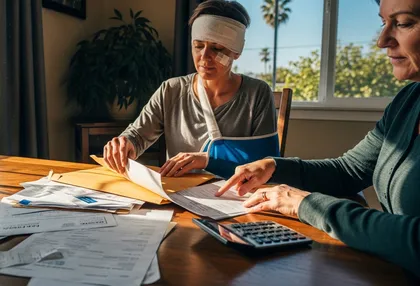 Injured crash victim organizing medical bills and claim paperwork to document losses and comparative fault