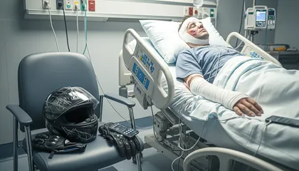 Injured motorcyclist in hospital bed after crash