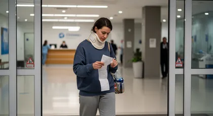 Injured rideshare crash victim in neck brace reviewing medical bills