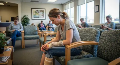 Injured slip and fall victim waiting with leg brace in medical office lobby