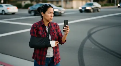 Injured woman with arm in sling using phone at roadside after accident
