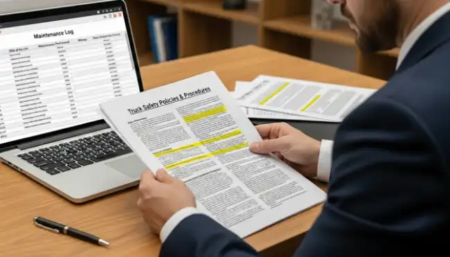 Lawyer reviewing truck safety policies and vehicle maintenance log
