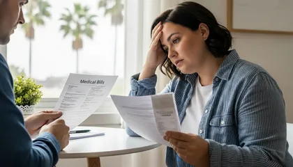 Man and woman concerned about their medical expenses, looking over the bills