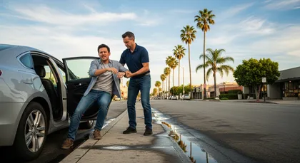 Man assisting an injured person after a fall near a car on the street
