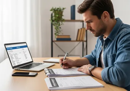 Man completing car accident insurance claim paperwork at home