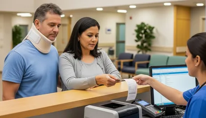 Medical reception interaction involving injured patient and companion