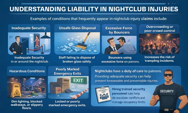 Nightclub injury liability infographic highlighting common hazards and negligent conditions