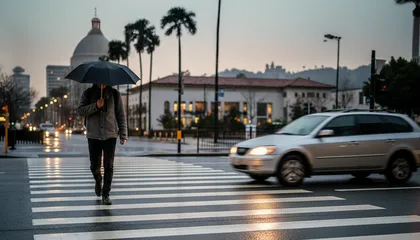 Pedestrian accident risk at crosswalk during rainy city traffic