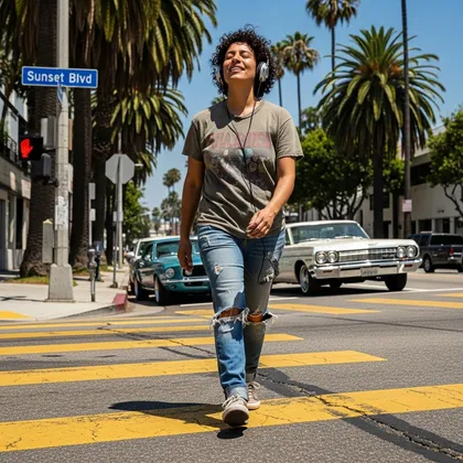 Pedestrian wearing headphones walking across busy street