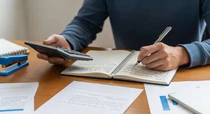 Person calculating expenses and taking notes at desk