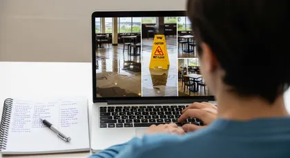 Person cross-referencing notes and wet floor images for a slip and fall investigation