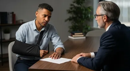 Personal injury client discussing case paperwork with attorney at office desk