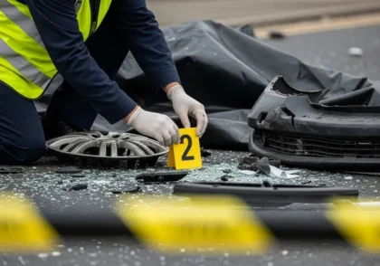 Police investigating a hit-and-run accident scene to identify a fleeing driver