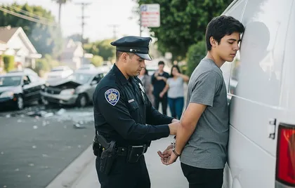 Police officer handcuffing teen driver during DUI arrest